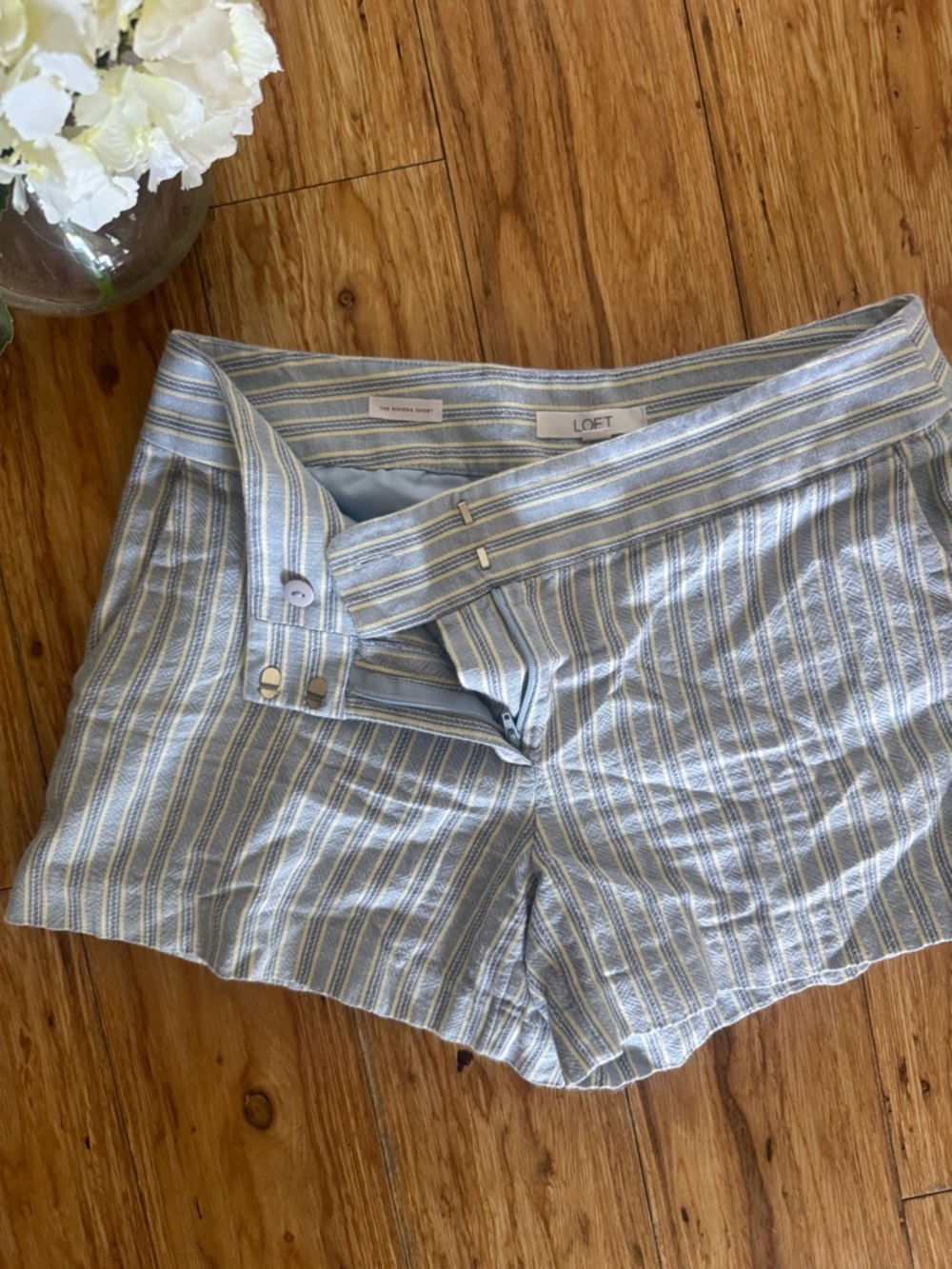 LOFT Light Blue and White Striped Shorts
